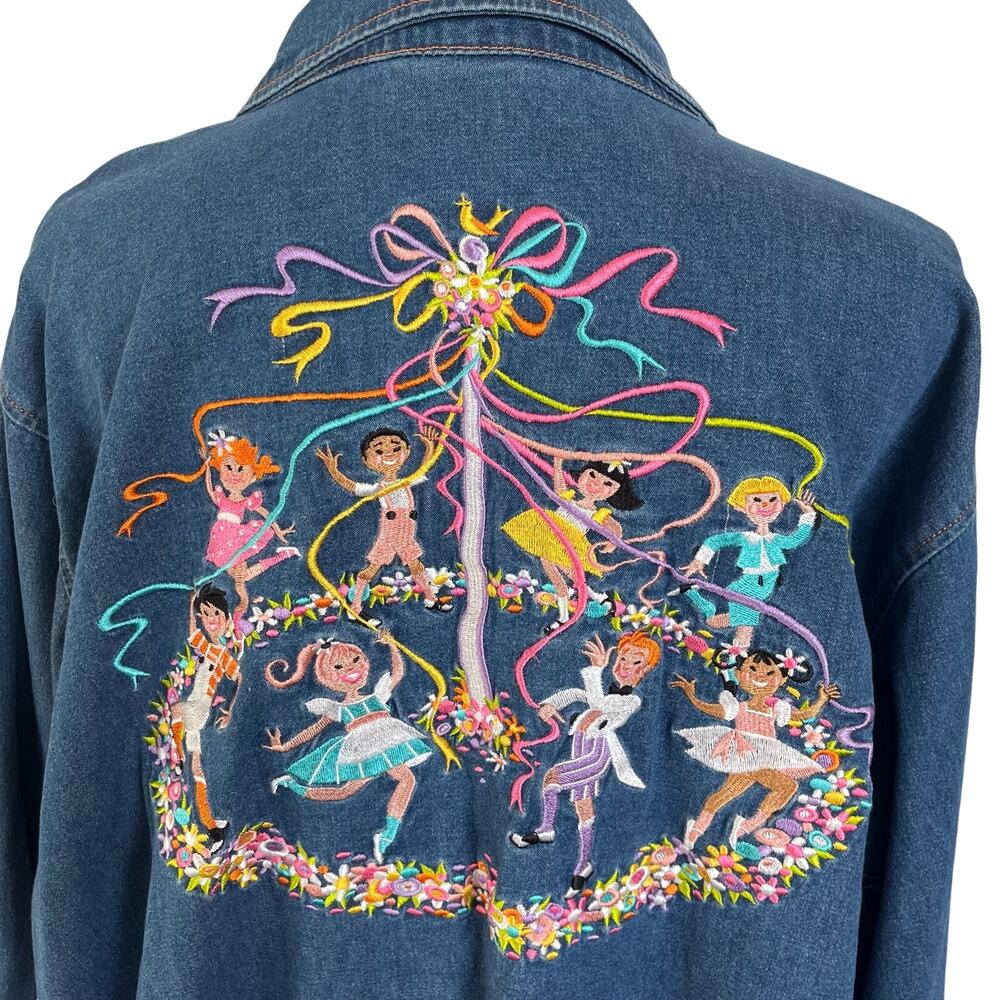 Bob Mackie Wearable Art Denim Shirt Womens 2X Plus Blue Maypole Embroidery Tunic - Picture 5 of 10